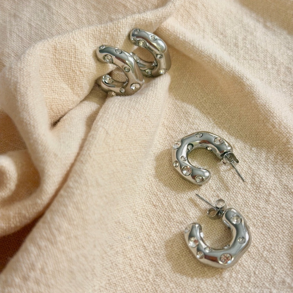 Women's Stainless Steel Silver Round Half Hoop Earrings with Cubic Zirconia Gems